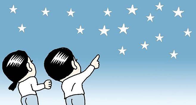 밤하늘을 바라보는 행위에 대한 낭만을 표현한 일러스트.