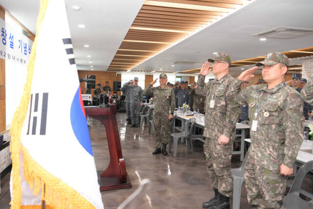 15일 2함대 창설 78주년 기념식 참석자들이 국기에 경례하고 있다. 2함대 제공