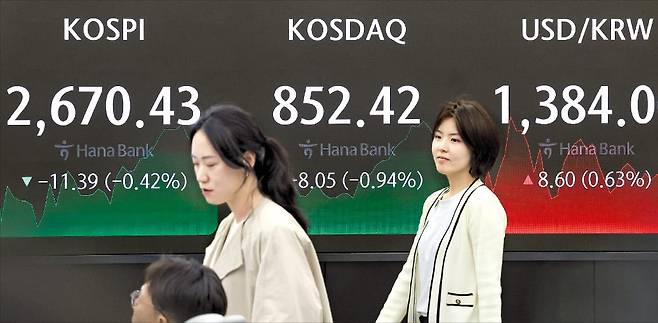 이란이 이스라엘에 보복 공격을 한 여파로 15일 외환과 금융시장이 출렁였다. 원·달러 환율은 이날 8원60전 오른 1384원에 거래를 마쳤다. 코스피지수는 전거래일 대비 11.89포인트(0.42%) 내린 2670.43으로 장을 마감했다. 서울 을지로 하나은행 본점 딜링룸에서 직원들이 업무를 보고 있다.  최혁 기자