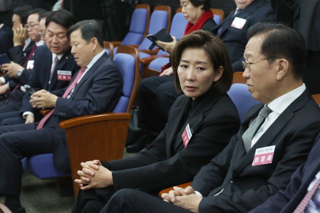 국민의힘 나경원, 권영세 국회의원 당선자가 16일 국회에서 열린 당선자 총회에서 대화를 하고 있다. 연합뉴스