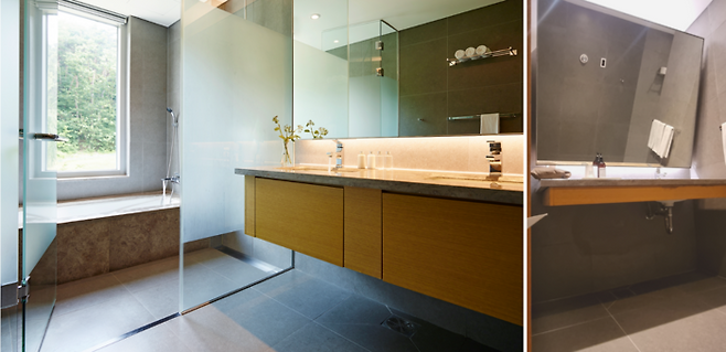 디럭스 객실 화장실 / 사진=스위트호텔 남원, 408호 객실의 경사진 거울 / 사진=김혜성 여행+ 기자