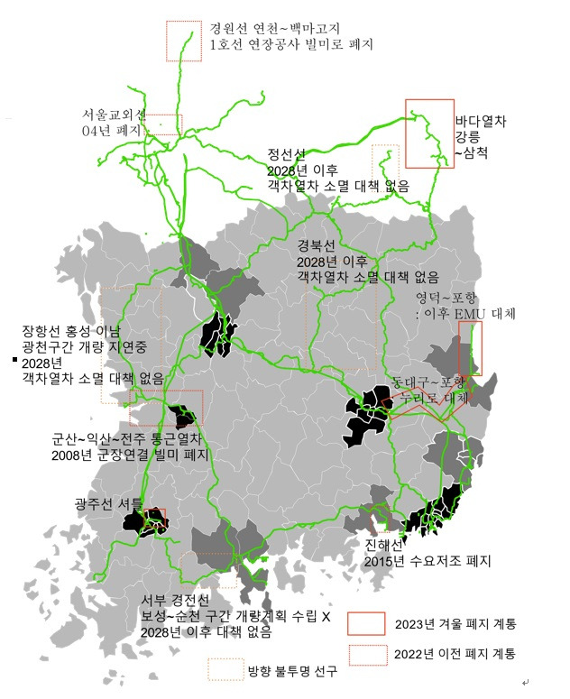 ▲지도 1 공중에 붕 뜬 풀뿌리 철도들, 2004~2030. ⓒ