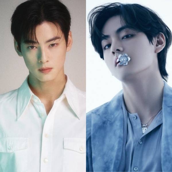 가수 겸 배우 차은우(왼쪽)과 뷔. 사진 판타지오, 빅히트 뮤직