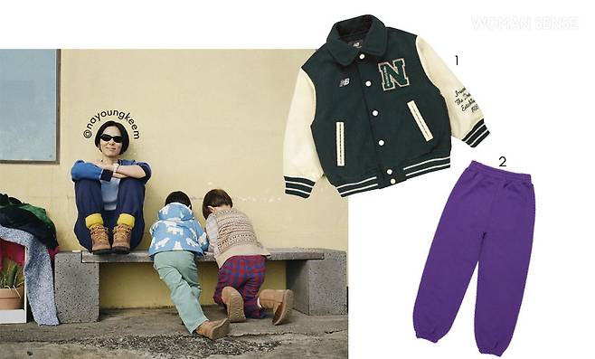 1 스포티한 무드가 돋보이는 스냅 버튼 바시티 점퍼 15만9천원 뉴발란스 2 밴딩 디자인으로 활동성이 좋은 퍼플 컬러 스웨트 팬츠 5만9천원 브라운브레스 키즈