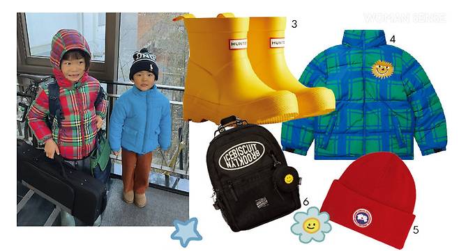 3 착용이 쉽고 가벼운 천연고무로 만들어 비나 빛으로부터 발을 보호해주는 키즈 레인 부츠 9만5천원 헌터 4 블루&그린 체크 패턴과 선샤인 페이스 모티브로 귀여움을 더한 푸퍼 재킷 33만원 스텔라 맥카트니 5 전면 로고 디자인의 레드 컬러 니트 비니 가격미정 캐나다구스 6 다양한 포켓 디테일과 코인 파우치가 더해진 실용적인 백팩 11만9천원 아이스비스킷