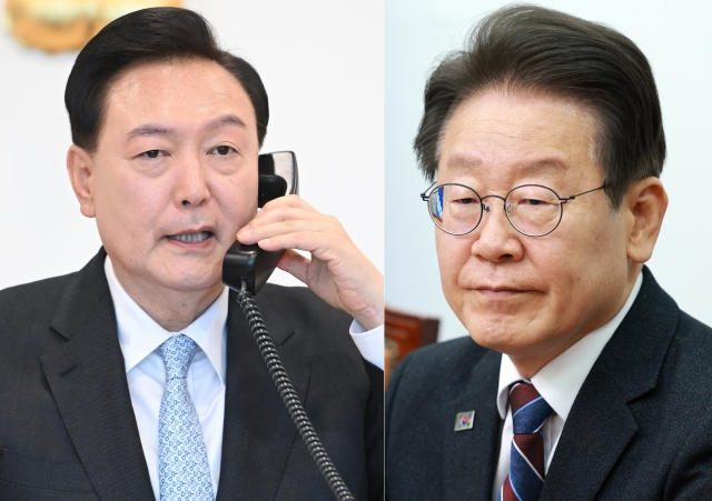 President Yoon Suk Yeol, left, and main opposition leader Lee Jae-myung. (Newsis)