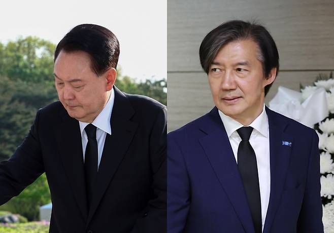 왼쪽은 19일 국립4.19민주묘지에서 참배 중인 윤석열 대통령. 오른쪽은 18일 고 박종철 열사 어머니 정차순 씨의 빈소를 찾은 조국혁신당의 조국 대표 ⓒ연합뉴스