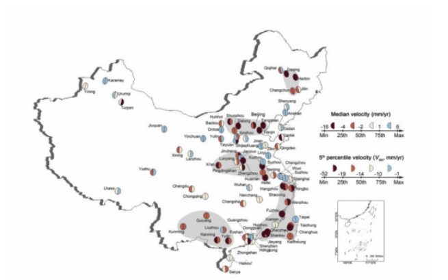 지반침하를 겪고 있는 중국 도시 지도 [사진 = 사이언스]