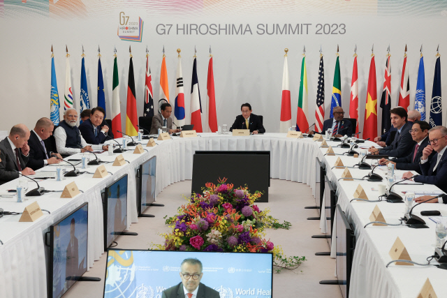윤석열 대통령이 2023년 5월20일 일본 히로시마에서 열린 G7 정상회의 확대세션에 참석하고 있다. 대통령실 제공