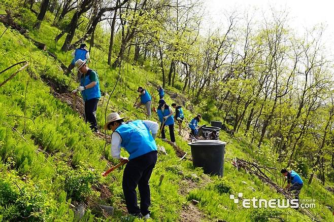 HK이노엔 임직원들이 서울 마포구 노을공원에서 나무를 심고 있다.