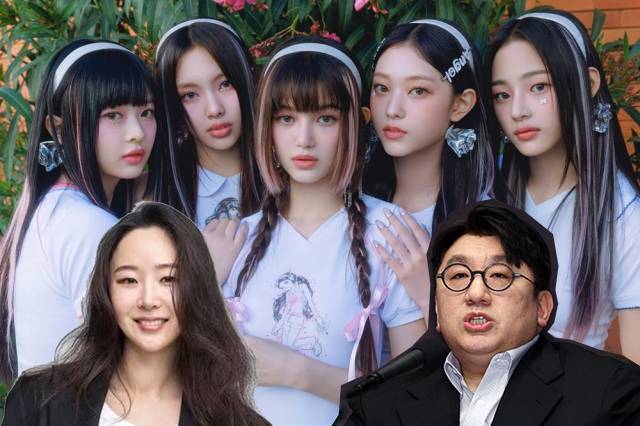 민희진(앞줄 왼쪽) 어도어 대표와 방시혁(앞줄 오른쪽) 하이브 의장 [어도어, 연합]