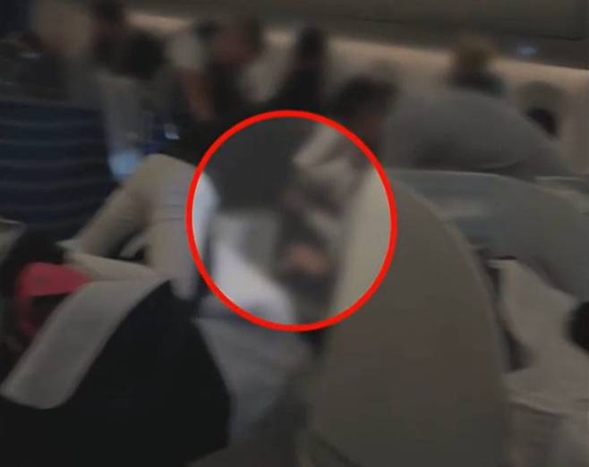 기내 승객들이 A씨를 제압하는 모습. /YTN 보도화면