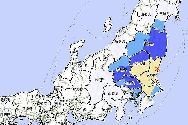 24일 오후 일본 이바라키현 지진 발생 지점. /연합뉴스