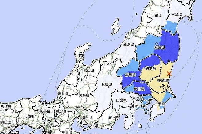 일본 기상청이 24일 지진이 발생한 곳을 표시한 지도. 사진=연합뉴스