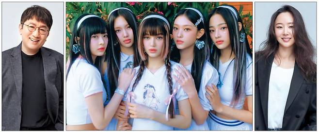 하이브와 소속사 어도어의 민희진(오른쪽) 대표 간 갈등으로 컴백을 앞둔 걸그룹 뉴진스(가운데)의 활동에 적신호가 켜졌다. 왼쪽은 방시혁 하이브 이사회 의장 [하이브·어도어 제공]