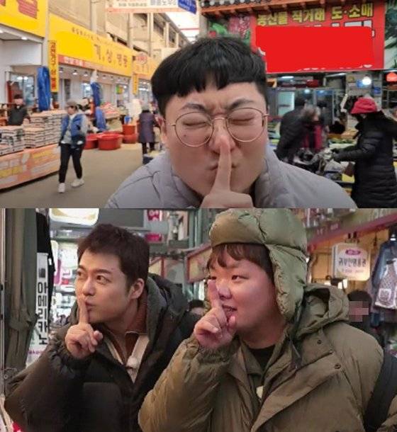 인기 유튜버 '충주맨'(위)과 유명인 전현무와 유튜버 곽튜브가 부산에서 이재용 회장의 '쉿' 포즈를 따라하고 있다. 사진 유튜브