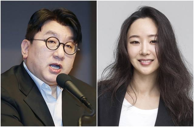 방시혁 하이브 의장(왼쪽)과 민희진 어도어 대표. 뉴시스, 하이브 제공