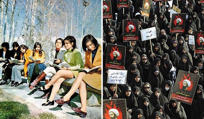 이슬람 혁명(1979년) 이전인 1971년 이란 테헤란대 학생들이 미니스커트를 입고 책을 읽고 있는 모습(왼쪽 사진). 오른쪽 사진은 2016년 이란 여성들이 차도르를 쓰고 반(反)사우디아라비아 시위에 참석한 모습. /이란 전문 매체 파르스타임스·AP 연합뉴스
