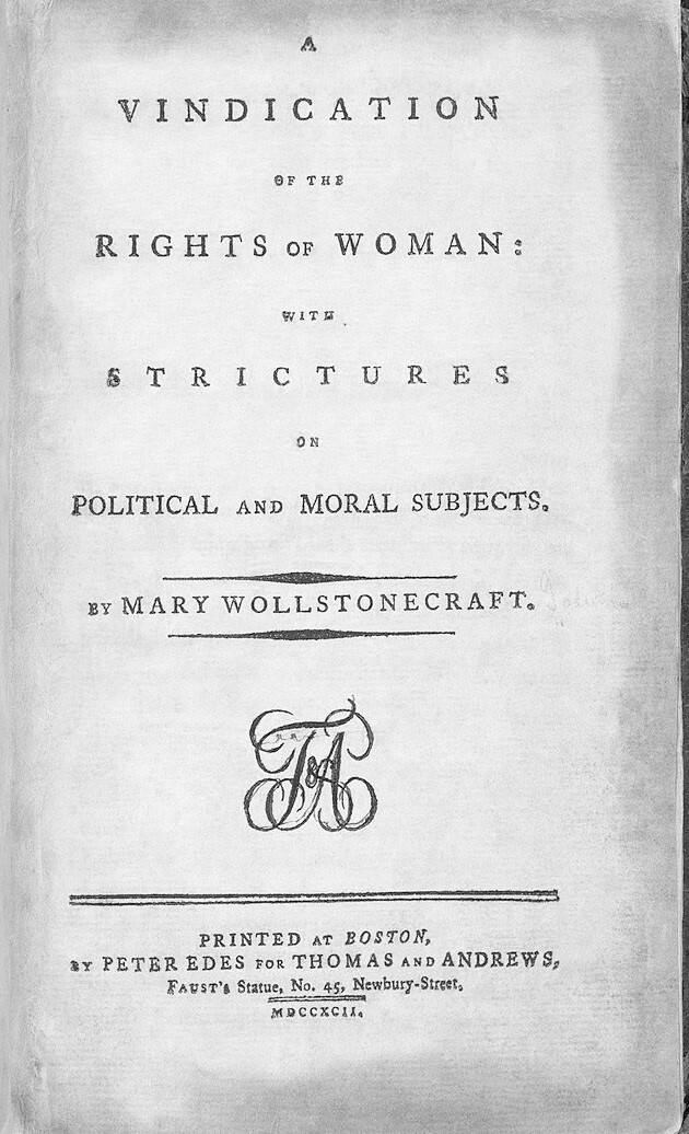 최초의 페미니즘 저서로 평가받는 메리 울스턴크래프트의 ‘여성의 권리 옹호’ 미국판의 표지. 교양인 제공