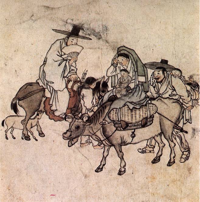 양반들은 소에 삼베같은 귀중품을 싣고 이를 노잣돈삼아서 과거를 보기 위해 상경하기도 했다. 그림은 김홍도의 ‘노상파안’으로, 소를 타고 가는 일가족이 지나가는 젊은 선비와 마주치는 순간을 그린 것이다. 국립중앙박물관 소장