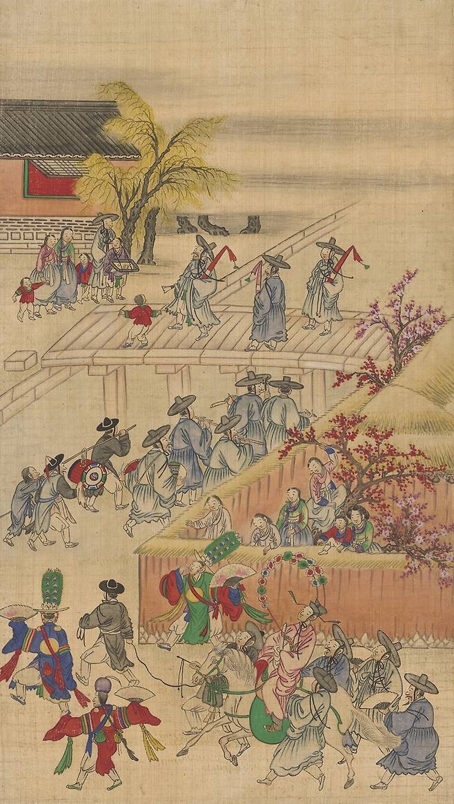 ‘평생도’는 사대부가 태어나서 죽을 때까지의 중요 일상을 그린 그림으로, 이중 삼일유가’는 과거 급제자가 3일 동안 광대와 풍악을 앞세워 선배와 일가친척 등을 찾아다니는 길거리 놀이다. 급제자는 행렬 마지막 부분에 어사화를 꽂고 말 위에서 상체를 한껏 젖히고 있다. 국립중앙박물관 소장.