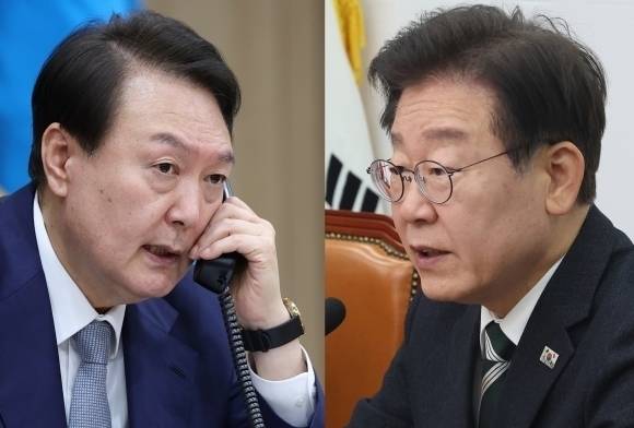 윤석열 대통령이 지난 19일 이재명 더불어민주당 대표와 전화 통화를 통해 다음주 적당한 시기에 용산에서 회동할 것을 제안했다고 대통령실이 밝혔다. 사진은 22년 윤 대통령이 용산 대통령실에서 기시다 후미오 일본 총리와 전화 통화하는 모습(왼쪽)과 이 대표가 19일 서울 여의도 국회에서 열린 최고위원회의에서 발언을 하고 있는 모습(오른쪽). 대통령실 제공·뉴스1