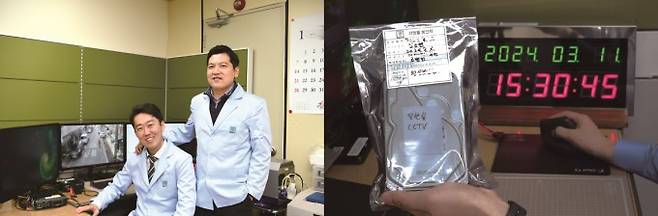 대검찰청 멀티미디어 복원실의 소병민 분석관(왼쪽)과 윤현진 분석관(오른쪽)이 멀티미디어 복원실에서 포즈를 취하고 있다(좌측 사진). 복원의뢰를 받은 멀티미디어는 보안을 위해 밀봉돼 멀티미디어 복원실로 온다(우측 사진). 대검찰청 멀티미디어 복원실 제공
