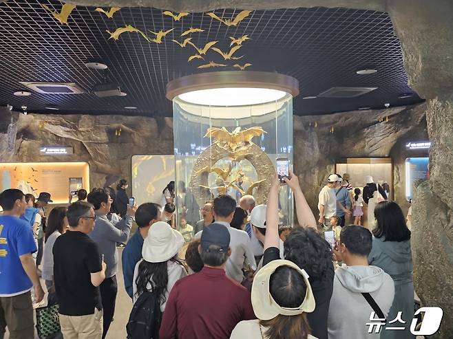 28일 전남 함평나비축제장을 찾은 관광객들이 '황금박쥐상''을 배경으로 기념사진을 촬영하고 있다. 2024.4.28/뉴스1 ⓒ News1 최성국 기자
