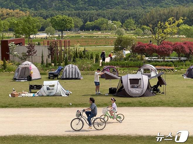 28일 울산 중구 태화강국가정원에서 시민들이 텐트를 쳐서 소풍을 즐기거나 자전거를 타며 주말을 보내고 있다. 2024.4.28/뉴스1 ⓒ News1 김세은 기자