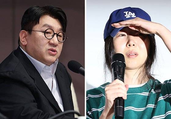 지난 25일 긴급 기자회견에서 입장을 밝히는 민희진 어도어 대표(오른쪽 사진). 왼쪽 사진은 방시혁 하이브 이사회 의장. 중앙포토·연합뉴스