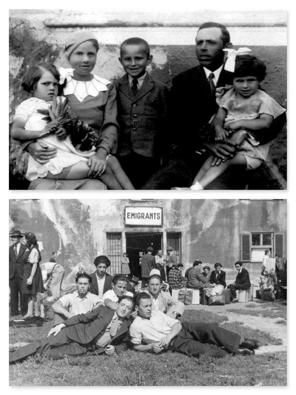 6,7세 무렵의 그린필드(가운데, 당시엔 그륀펠트)와 가족들. 나치 수용소에서 살아남은 건 그 혼자였다.(사진 위) 아래 사진은 종전 후 미국으로 난민 이민을 떠나기 전 친구들과 한 수용소를 방문한 그(앞줄 왼쪽.) 그린필드 가족사진.