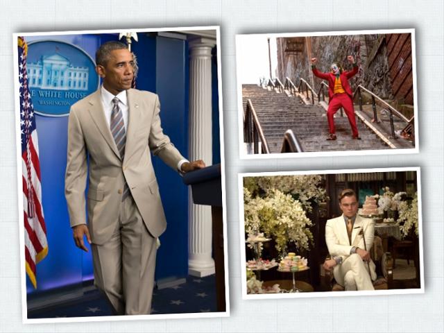2014년 미국 대통령 버락 오바마(왼쪽)의 황갈색 수트는 큰 화제가 됐다고 한다(AP 연합뉴스). 영화 '조커'의 호아킨 피닉스(오른쪽 위)와 '위대한 개츠비'의 레오나르도 디카프리오(아래)가 입은 수트도 마틴 그린필드가 재단한 옷이다.