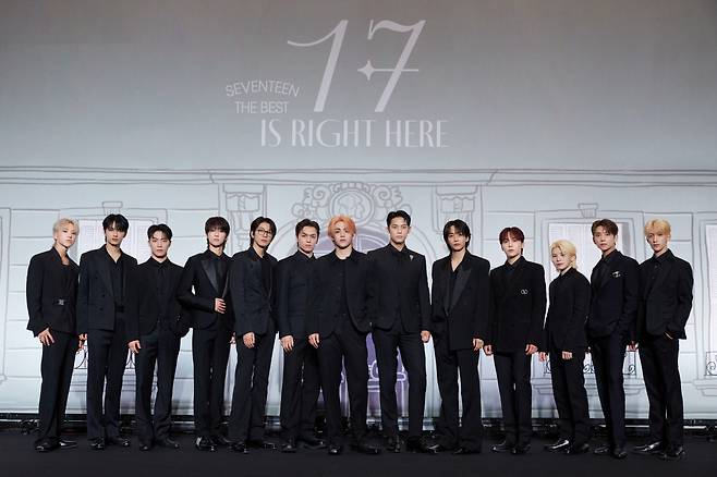 Seventeen introduces a new album, "17 Is Right Here," during a press conference in Seoul on Monday. (Pledis Entertainment)