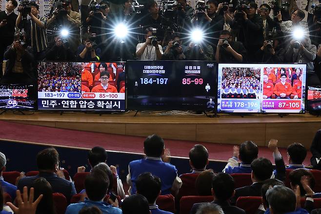 4월10일 총선 투표가 끝난 뒤 지상파 3사의 출구조사 결과를 지켜보고 있는 더불어민주당 지도부. ⓒ국회사진취재단