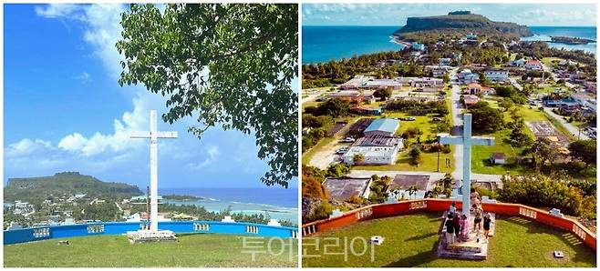 1 로타섬의 송송빌리지 전망대가 기존 붉은색(오른쪽 사진)에서 푸른색(왼쪽 사진)으로 새롭게 단장했다./사진-마리아나관광청