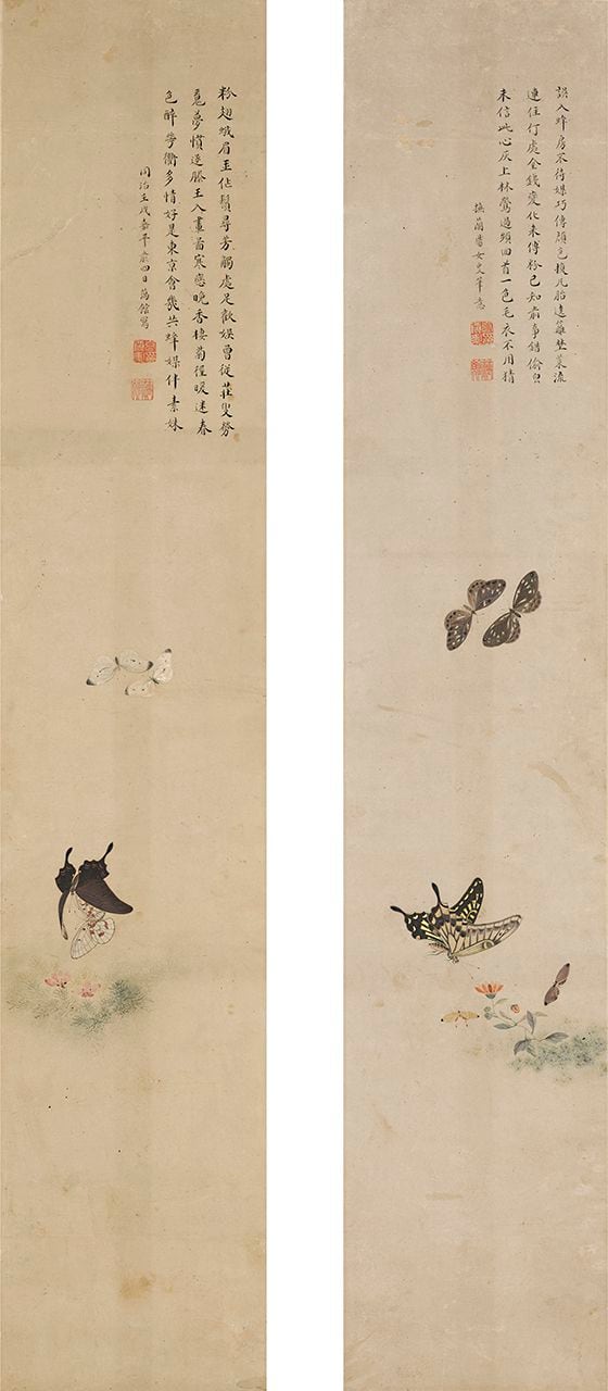 19세기 화가 고진승의 나비 그림 '화접도'. 왼쪽은 ‘심방화접(尋芳花蝶·꽃향기 찾는 나비)’, 오른쪽은 ‘금전화접(金錢花蝶·금전화와 나비)’이다. /간송미술문화재단