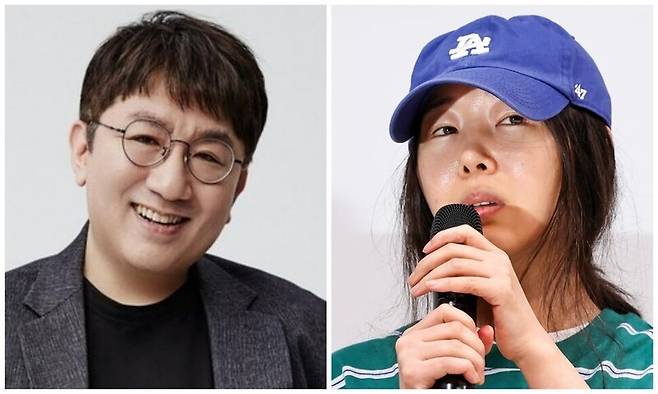 하이브의 방시혁 의장(왼쪽)과 자회사인 어도어의 민희진 대표. 하이브 제공, 연합뉴스