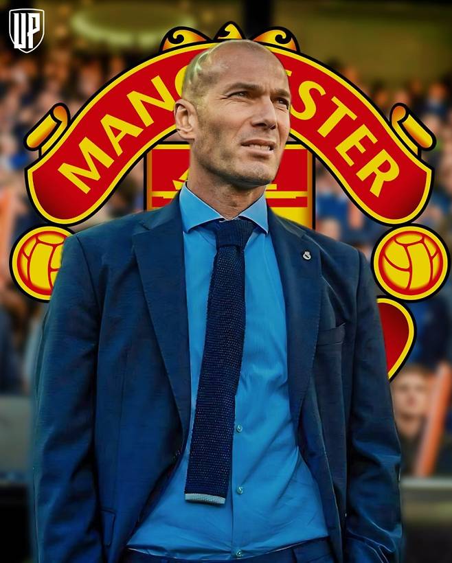 지네딘 지단 감독과 맨체스터 유나이티드 엠블럼. 사진=UP