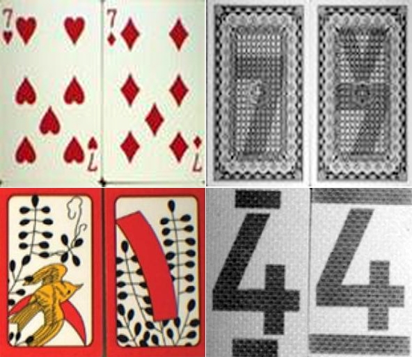 형광물질을 바른 카드 앞면(왼쪽 위부터 시계방향으로), 카드 뒷면, 화투 뒷면, 화투 앞면. 강원경찰청 제공