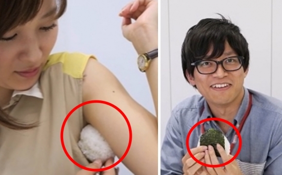 일본 여성(왼쪽)이 겨드랑이를 이용해 만든 오니기리(주먹밥)을 맛보는 남성(오른쪽)의 모습. 해당 영상은 중국 동영상 공유 사이트에 2016년 업로드 된 것이다.