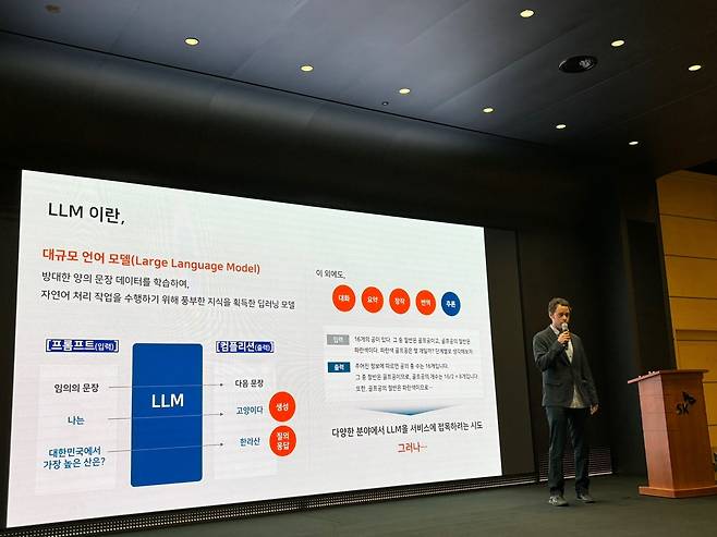 발표하는 에릭 데이비스 SKT AI 기술 협력 담당 (서울=연합뉴스) 조현영 기자 = 에릭 데이비스 SKT AI 기술 협력 담당이 30일 서울 중구 SKT타워에서 열린 취재진 대상 텔코LLM 설명회에서 발표하고 있다. 2024.4.30 hyun0@yna.co.kr