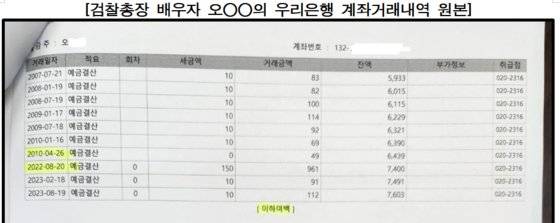 대검찰청이 30일 공개한 이원석 검찰총장 아내 오모씨의 계좌 거래 내역. 사진 대검찰청