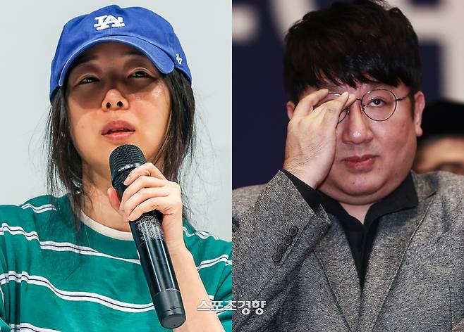 하이브 방시혁 의장(오른쪽)과 어도어 민희진 대표. 사진 이준헌·이선명 기자