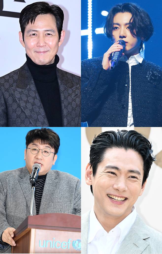 배우 이정재·BTS 정국·배우 유태오·방시혁 의장(시계 방향 순) ⓒOSEN