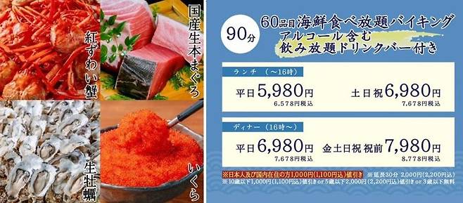 외국인에게 돈을 더 받는 일본의 한 해산물 뷔페 가격표. 왼쪽 사진 위가 일본인 가격으로 평일 런치 가격이 5980엔이며, 아래는 외국인 가격으로 6980엔이다.  홈페이지 캡쳐