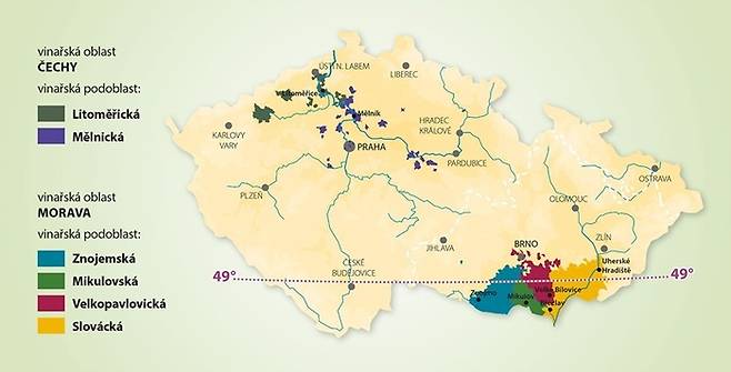 체코 와인 생산 지역 지도. 통상 와인 업계에서는 49도선을 포도가 제대로 생장할 수 있는 한계선으로 본다. 체코 남부에 와인 생산지가 몰려있는 이유이기도 하다. 체코의 서쪽과 남쪽으로 독일과 오스트리아가 맞닿아있다. vinarskecentrum.cz 캡쳐.