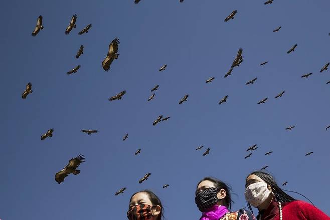지난 2015년 10월 31일 중국 쓰촨성 티베트자치주 라룽 계곡 인근에서 장례식을 치르기 위해 모인 티베트인들 위로 독수리떼가 날고 있다. 아바=로이터연합뉴스
