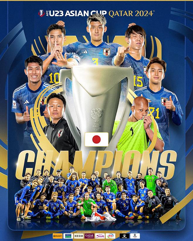 ▲ 4일 일본 23세 이하 축구대표팀이 우즈베키스탄을 꺾고 2024 아시아축구연맹 U-23 아시안컵 우승을 차지했다. 0-0 상황에서 돌입한 후반 추가시간에 결승골을 터뜨리면서 8년 만에 정상을 탈환했다. 이번 대회 1~3위까지 올림픽 본선 직행이 가능했던 가운데 일본, 우즈베키스탄, 이라크가 티켓을 확보했다. 1996 애틀랜타 올림픽을 시작으로 8회 연속 본선 진출 기록을 이어간 일본은 본선에서 말리, 이스라엘, 파라과이와 한 조에 속해 최상의 조 편성을 받게 됐다. ⓒ 아시아축구연맹