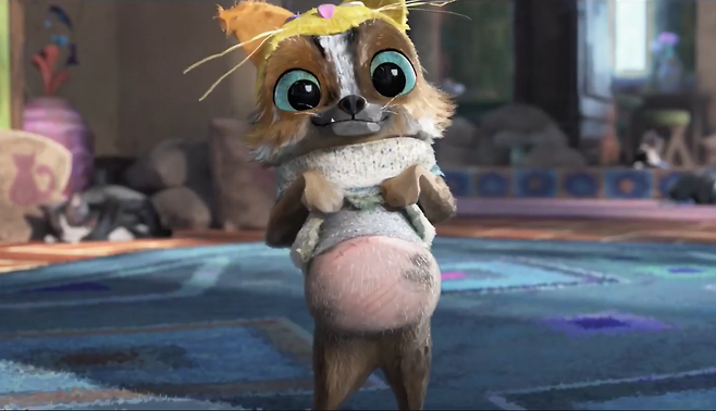 애니메이션 ‘장화 신은 고양이: 끝내주는 모험’의 페로는 우울할 때 자신의 배를 만져보라고 내밀어 보인다. 유니버설 픽처스 유튜브 캡처