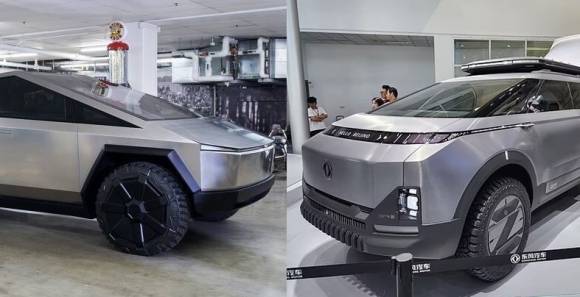 테슬라의 사이버트럭(좌측)과 둥펑자동차의 전기 콘셉트카 모습